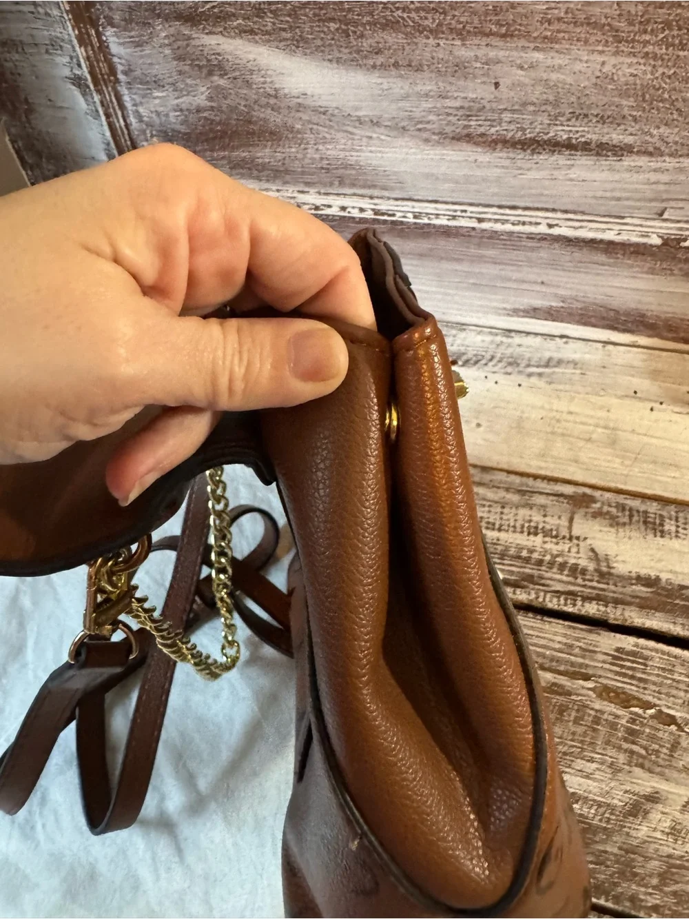 Brown Monogram Crossbody Bag with Gold Chain